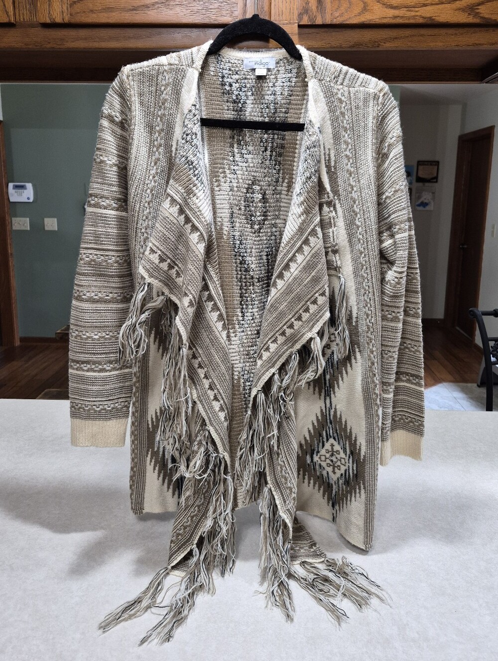 Fringed Aztec Knit Cardigan - Neutral Beige & Brown